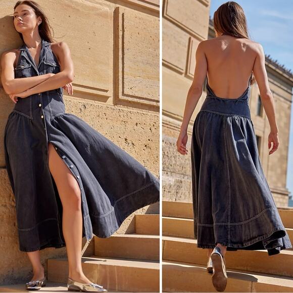 Free People Soundwave Denim Halter Maxi Dress in Black Size Small Bohemian  - www.disolcolor.com